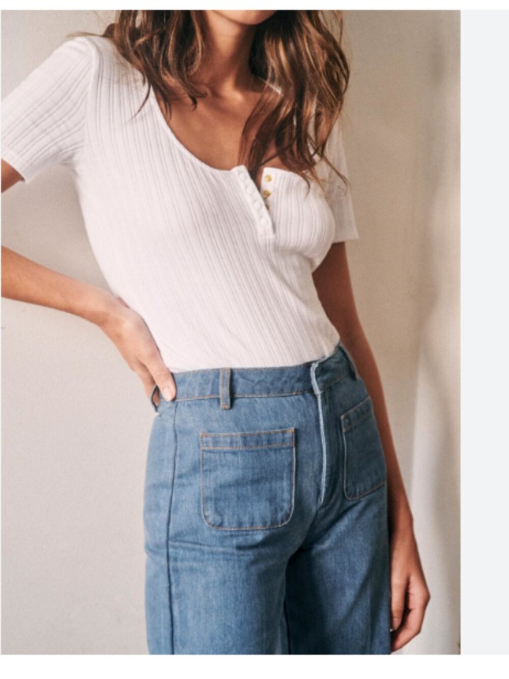 Sézane Malo Ribbed Short Sleeve Top Ecru sz SM